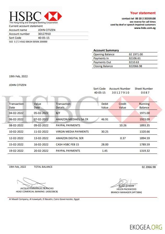 Egypte Relevé de preuve d'adresse de la banque HSBC